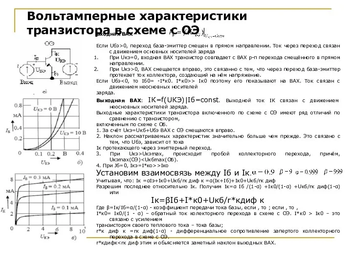 Входная ВАХ – Если Uбэ>0, переход база-эмиттер смещен в прямом направлении.