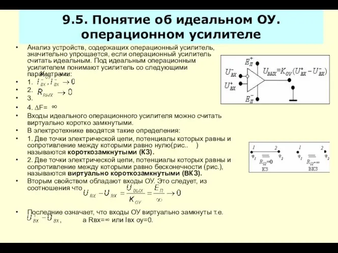 9.5. Понятие об идеальном ОУ. операционном усилителе Анализ устройств, содержащих операционный