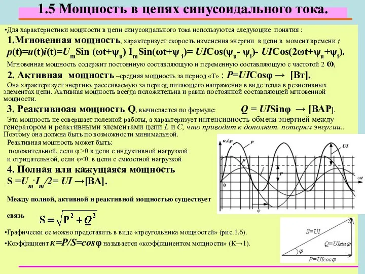 1.5 Мощность в цепях синусоидального тока. Для характеристики мощности в цепи