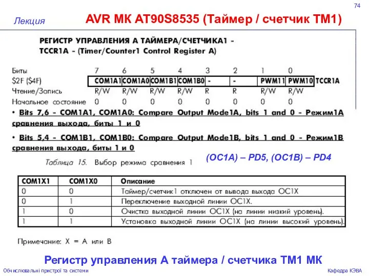 74 AVR МК AT90S8535 (Таймер / счетчик ТМ1) Лекция Обчислювальні пристрої