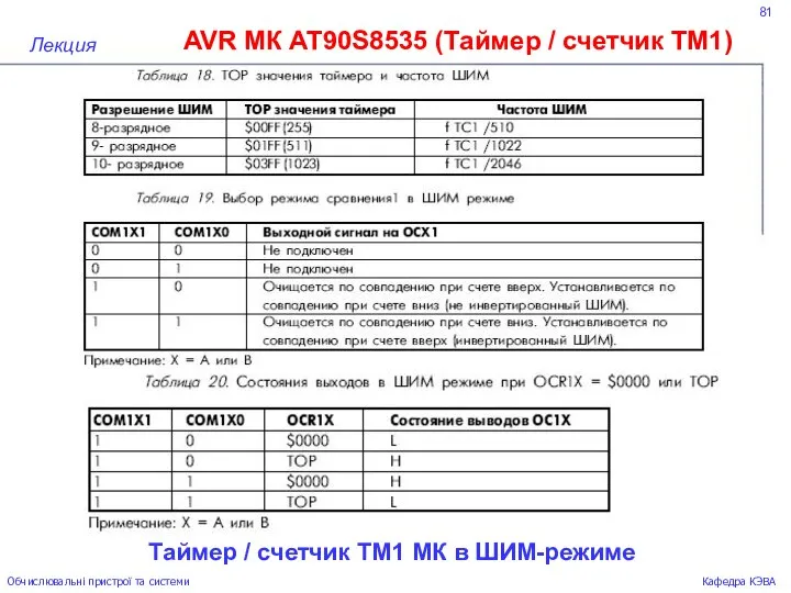 81 AVR МК AT90S8535 (Таймер / счетчик ТМ1) Лекция Обчислювальні пристрої