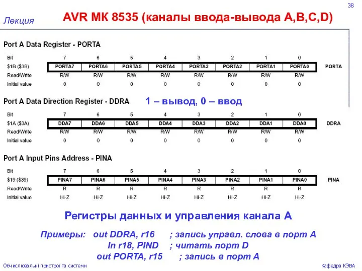 38 AVR МК 8535 (каналы ввода-вывода А,В,С,D) Лекция Обчислювальні пристрої та