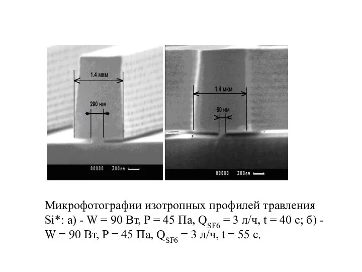 Микрофотографии изотропных профилей травления Si*: а) - W = 90 Вт,