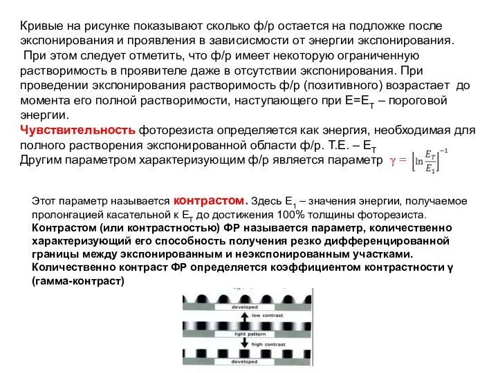 Кривые на рисунке показывают сколько ф/р остается на подложке после экспонирования