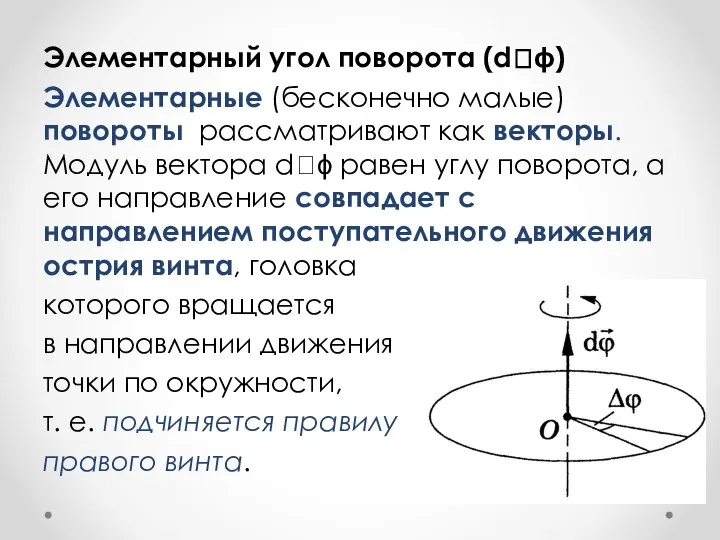 Элементарный угол поворота (dϕ) Элементарные (бесконечно малые) повороты рассматривают как векторы.