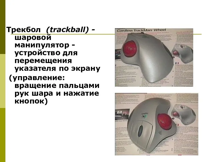 Трекбол (trackball) - шаровой манипулятор - устройство для перемещения указателя по