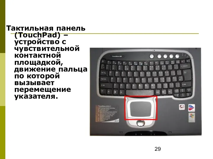 Тактильная панель (TouchPad) – устройство с чувствительной контактной площадкой, движение пальца по которой вызывает перемещение указателя.