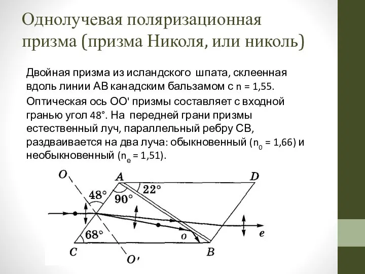 Однолучевая поляризационная призма (призма Николя, или николь) Двойная призма из исландского