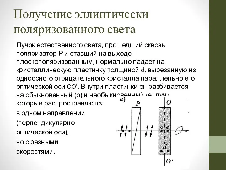 Получение эллиптически поляризованного света Пучок естественного света, прошедший сквозь поляризатор Р