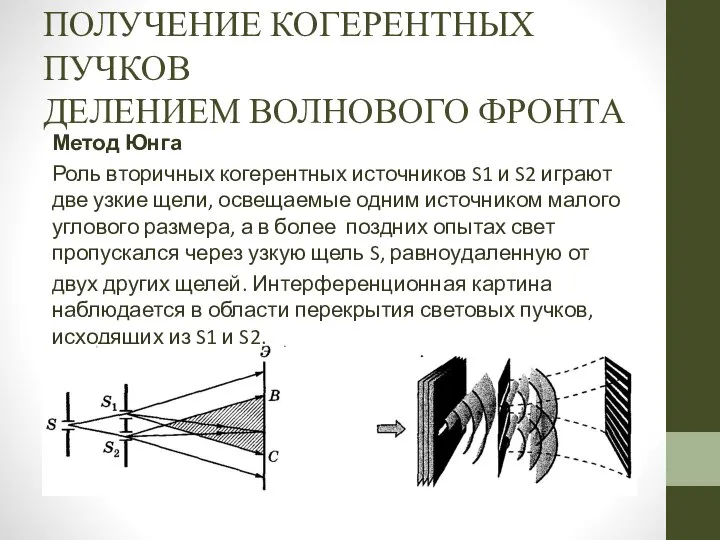 ПОЛУЧЕНИЕ КОГЕРЕНТНЫХ ПУЧКОВ ДЕЛЕНИЕМ ВОЛНОВОГО ФРОНТА Метод Юнга Роль вторичных когерентных