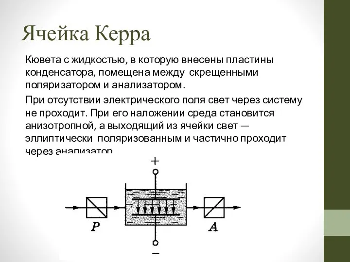 Ячейка Керра Кювета с жидкостью, в которую внесены пластины конденсатора, помещена