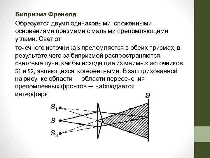 Бипризма Френеля Образуется двумя одинаковыми сложенными основаниями призмами с малыми преломляющими