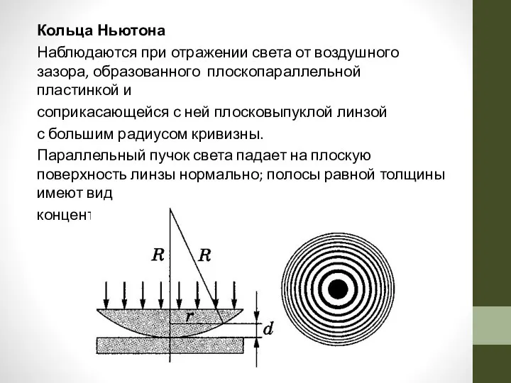 Кольца Ньютона Наблюдаются при отражении света от воздушного зазора, образованного плоскопараллельной