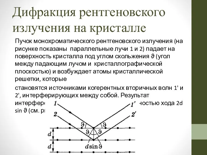 Дифракция рентгеновского излучения на кристалле Пучок монохроматического рентгеновского излучения (на рисунке