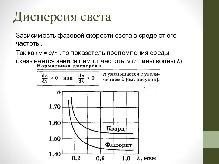 Дисперсия света Зависимость фазовой скорости света в среде от его частоты.