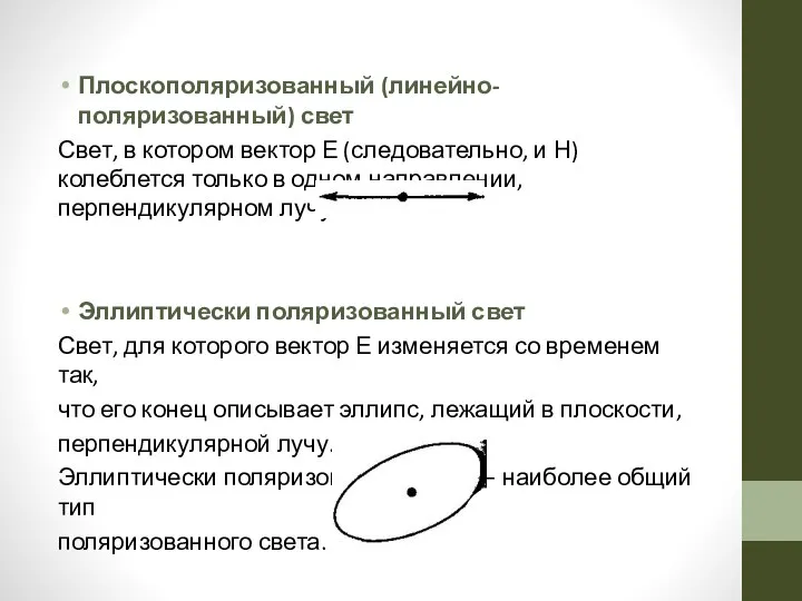 Плоскополяризованный (линейно-поляризованный) свет Свет, в котором вектор Е (следовательно, и Н)