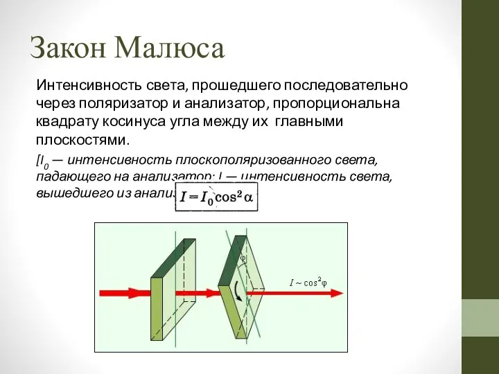 Закон Малюса Интенсивность света, прошедшего последовательно через поляризатор и анализатор, пропорциональна