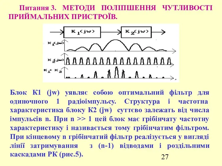 Питання 3. МЕТОДИ ПОЛІПШЕННЯ ЧУТЛИВОСТІ ПРИЙМАЛЬНИХ ПРИСТРОЇВ. Блок К1 (jw) уявляє