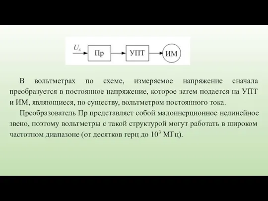 В вольтметрах по схеме, измеряемое напряжение сначала преобразуется в постоянное напряжение,
