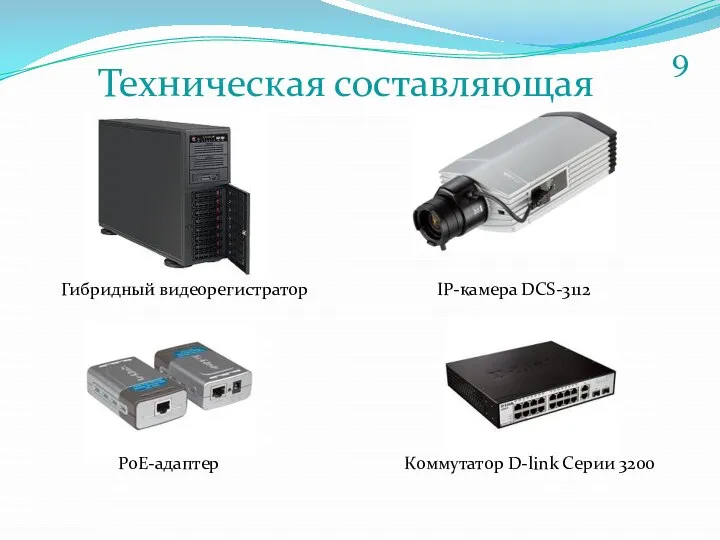 Техническая составляющая Гибридный видеорегистратор IP-камера DCS-3112 PoE-адаптер Коммутатор D-link Серии 3200 9