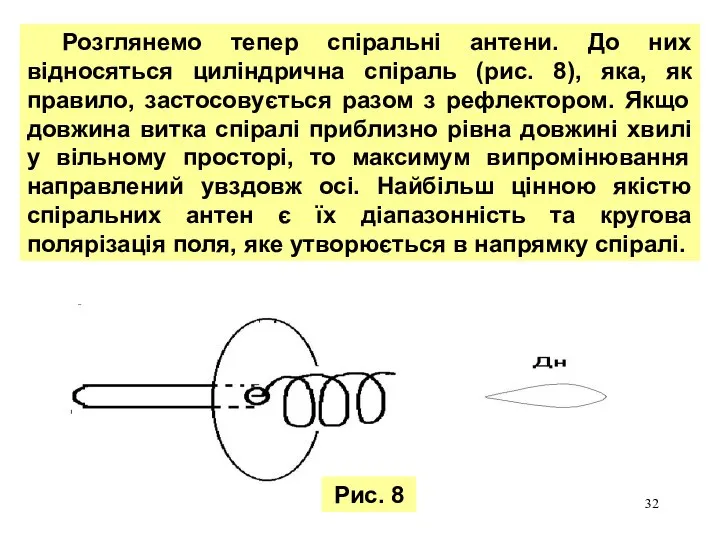 Розглянемо тепер спіральні антени. До них відносяться циліндрична спіраль (рис. 8),