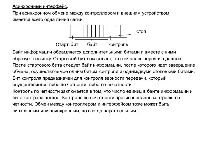 Асинхронный интерфейс. При асинхронном обмене между контроллером и внешним устройством имеется