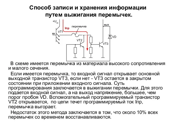 Способ записи и хранения информации путем выжигания перемычек. В схеме имеется