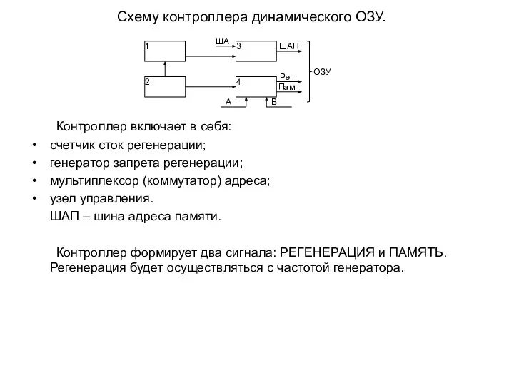 Схему контроллера динамического ОЗУ. Контроллер включает в себя: счетчик сток регенерации;