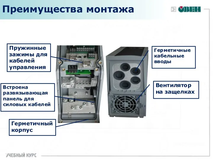 Преимущества монтажа Герметичные кабельные вводы Вентилятор на защелках Пружинные зажимы для