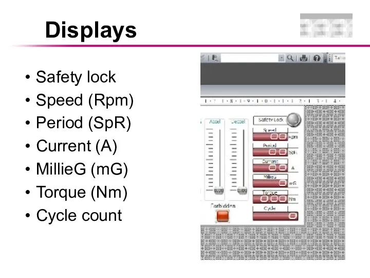 Safety lock Speed (Rpm) Period (SpR) Current (A) MillieG (mG) Torque (Nm) Cycle count Displays