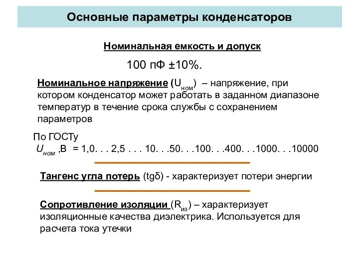 Основные параметры конденсаторов Номинальная емкость и допуск 100 пФ ±10%. Номинальное