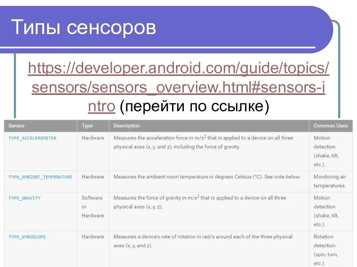 Типы сенсоров https://developer.android.com/guide/topics/sensors/sensors_overview.html#sensors-intro (перейти по ссылке)