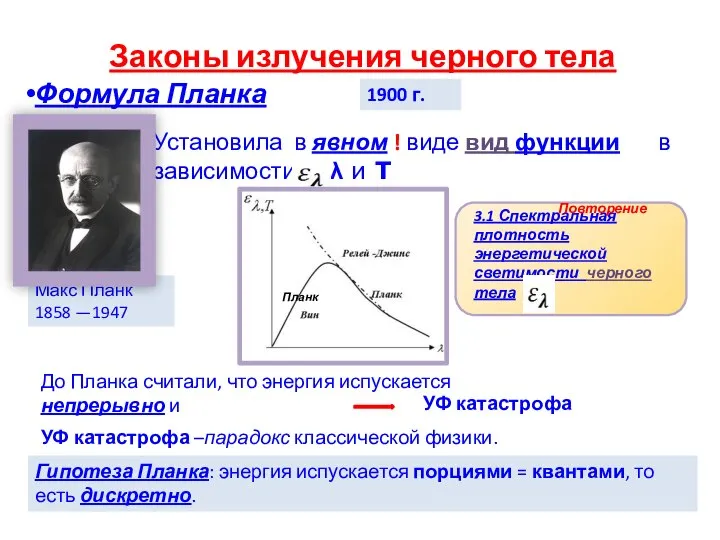 Законы излучения черного тела Формула Планка Установила в явном ! виде