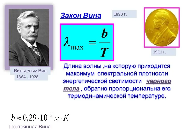 Закон Вина 1893 г. Вильгельм Вин 1864 - 1928 1911 г.