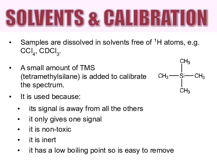 Samples are dissolved in solvents free of 1H atoms, e.g. CCl4,