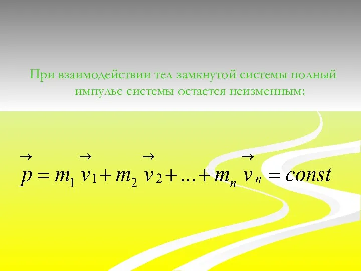 При взаимодействии тел замкнутой системы полный импульс системы остается неизменным: