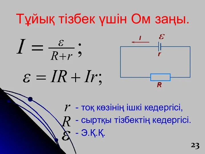 Тұйық тізбек үшін Ом заңы. - тоқ көзінің ішкі кедергісі, - сыртқы тізбектің кедергісі. - Э.Қ.Қ.