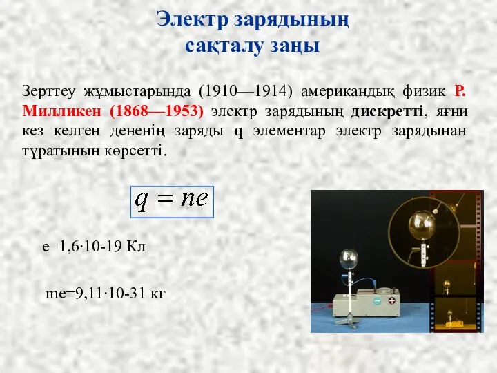 Электр зарядының сақталу заңы Зерттеу жұмыстарында (1910—1914) американдық физик Р. Милликен