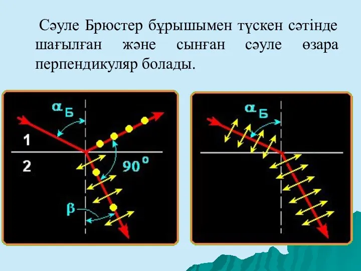 Сәуле Брюстер бұрышымен түскен сәтінде шағылған және сынған сәуле өзара перпендикуляр болады.