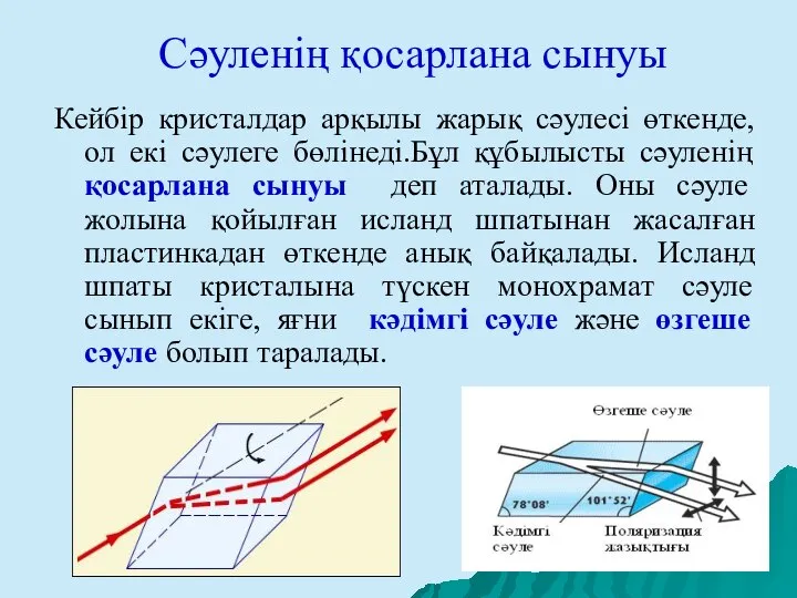 Сәуленің қосарлана сынуы Кейбір кристалдар арқылы жарық сәулесі өткенде, ол екі