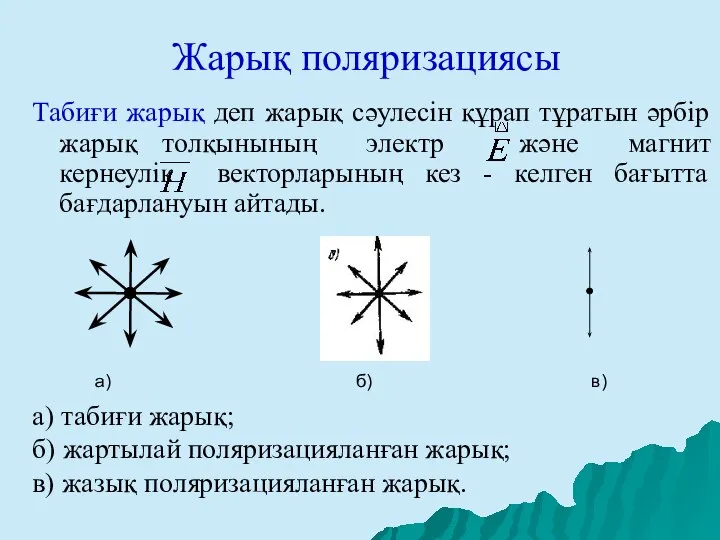 Жарық поляризациясы Табиғи жарық деп жарық сәулесін құрап тұратын әрбір жарық