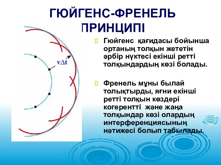 ГЮЙГЕНС-ФРЕНЕЛЬ ПРИНЦИПІ Гюйгенс қағидасы бойынша ортаның толқын жететін әрбір нүктесі екінші