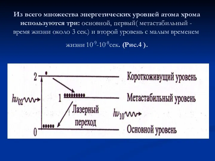 Из всего множества энергетических уровней атома хрома используются три: основной, первый(