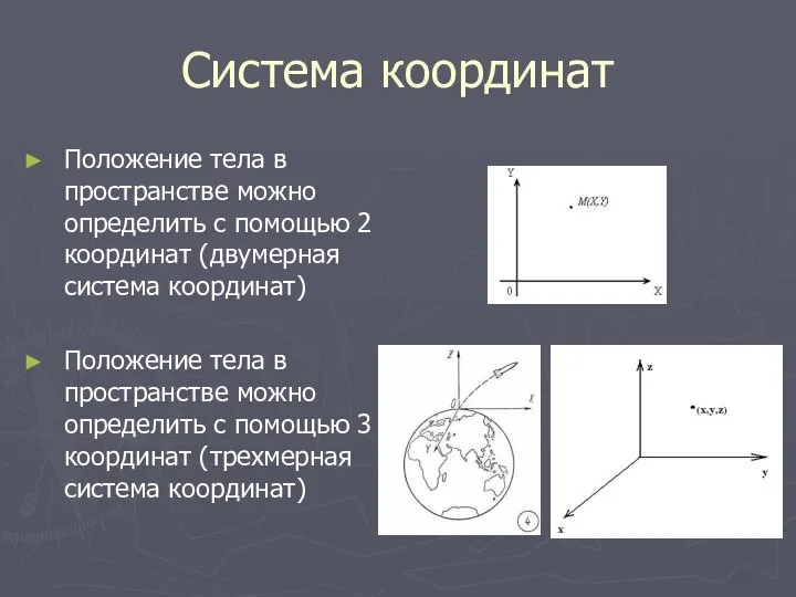 Система координат Положение тела в пространстве можно определить с помощью 2