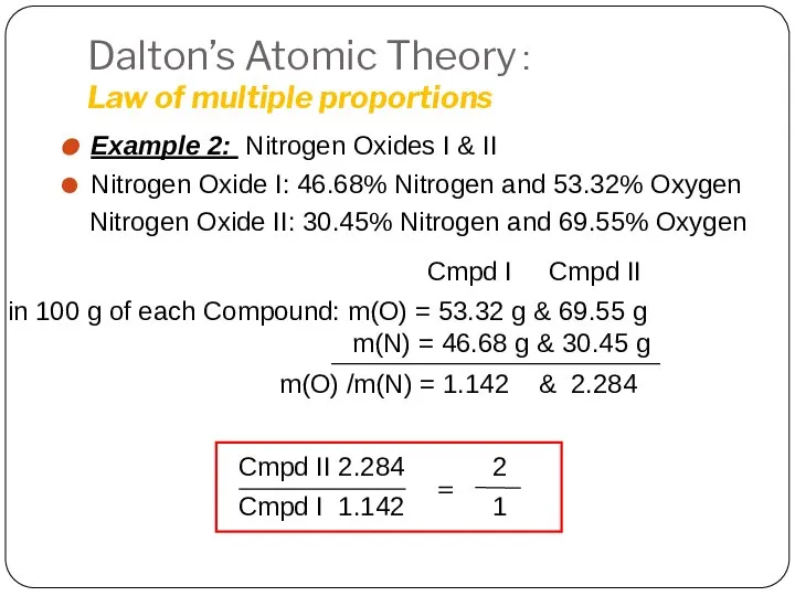 Dalton’s Atomic Theory： Law of multiple proportions Example 2: Nitrogen Oxides