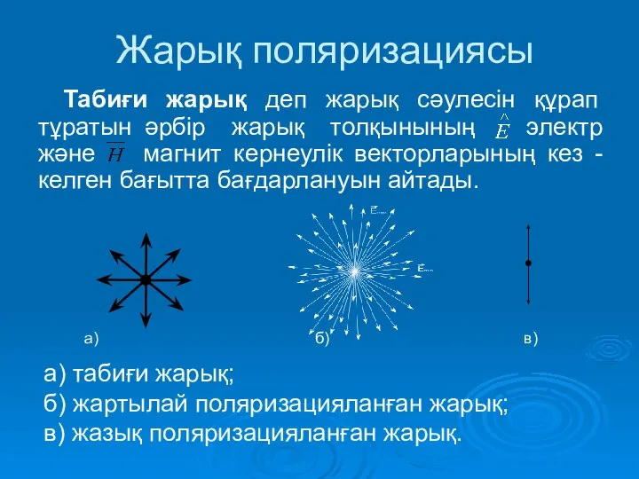 Жарық поляризациясы Табиғи жарық деп жарық сәулесін құрап тұратын әрбір жарық