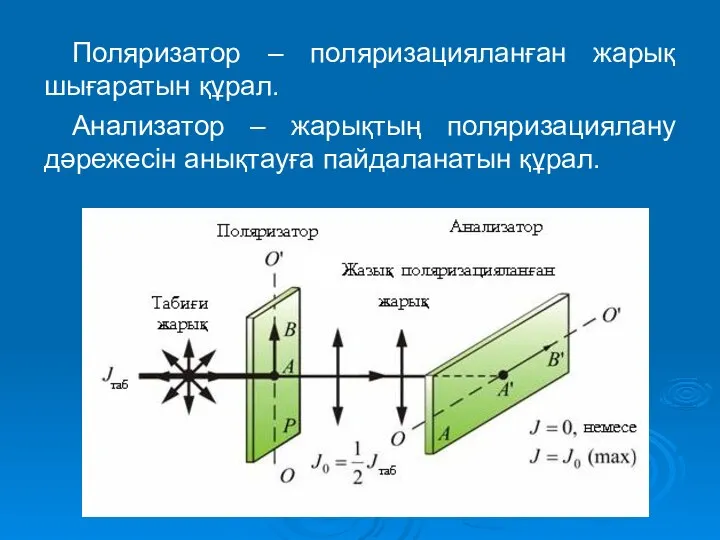 Поляризатор – поляризацияланған жарық шығаратын құрал. Анализатор – жарықтың поляризациялану дәрежесін анықтауға пайдаланатын құрал.