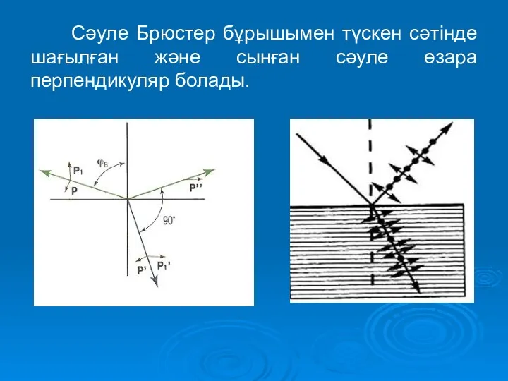 Сәуле Брюстер бұрышымен түскен сәтінде шағылған және сынған сәуле өзара перпендикуляр болады.