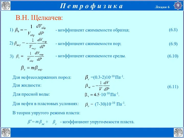 В.Н. Щелкачев: - коэффициент сжимаемости образца; - коэффициент сжимаемости пор; -