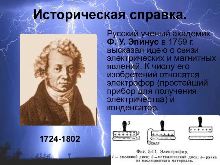 Русский ученый академик Ф. У. Эпинус в 1759 г. высказал идею